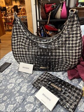 Brahmin Black & White Croc-Embossed Houndstooth Shoulder Bag